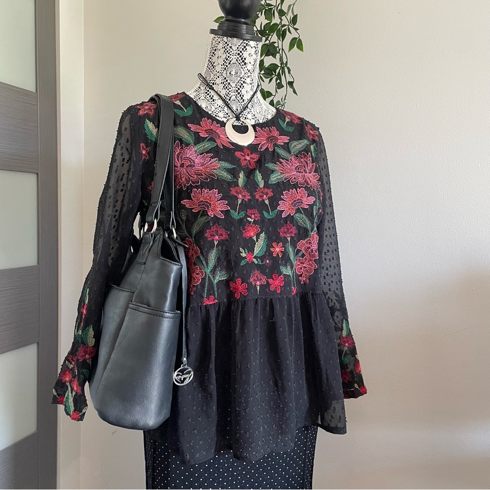 Floral Embroidered Black Top